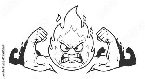 Furious fire character flexing its muscles, a powerful and angry flame illustration