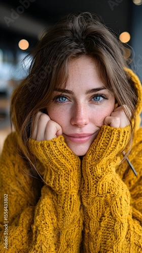Young woman in mustard sweater
