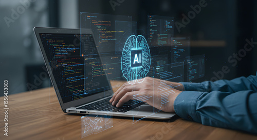 Developer coding artificial intelligence algorithms on a laptop with glowing brain graphic