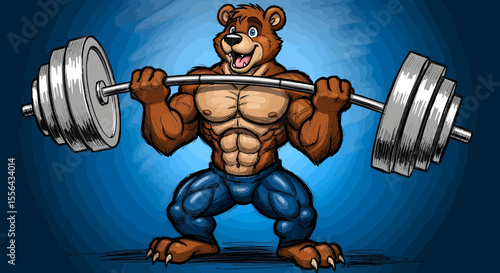 Muscular bear cartoon character lifting heavy barbell against blue background