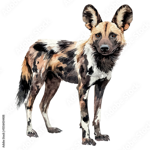 African Wild Dog, watercolor illustration vector, isolated on a white background.