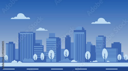 Flat Vector Modern Urban City Skyline with Skyscrapers, Trees and Road in Blue Color Palette, Minimal Clean Business Downtown Cityscape 