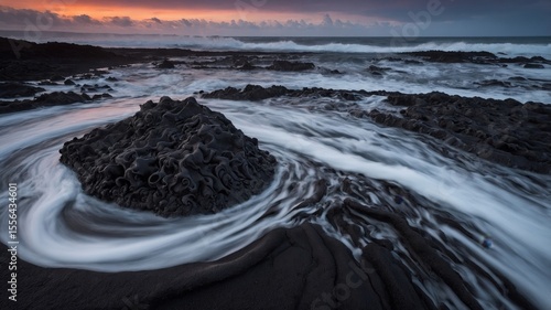 Beautiful Coastal Landscape at Twilight With Swirling Water Over Volcanic Rocks and a Colorful Sunset in the Background