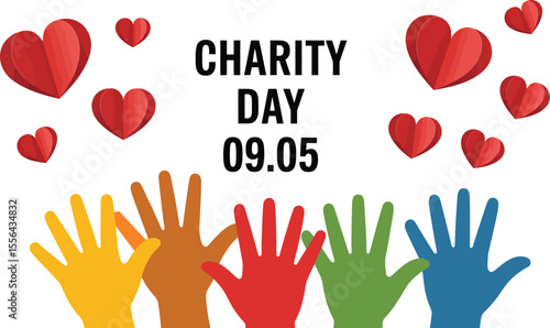 International Day of Charity illustration with diverse hands holding red hearts promoting global unity and support for charitable