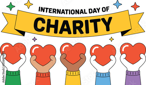 International Day of Charity banner with heart and hands celebrated on September 05 to promote philanthropy and volunteerism