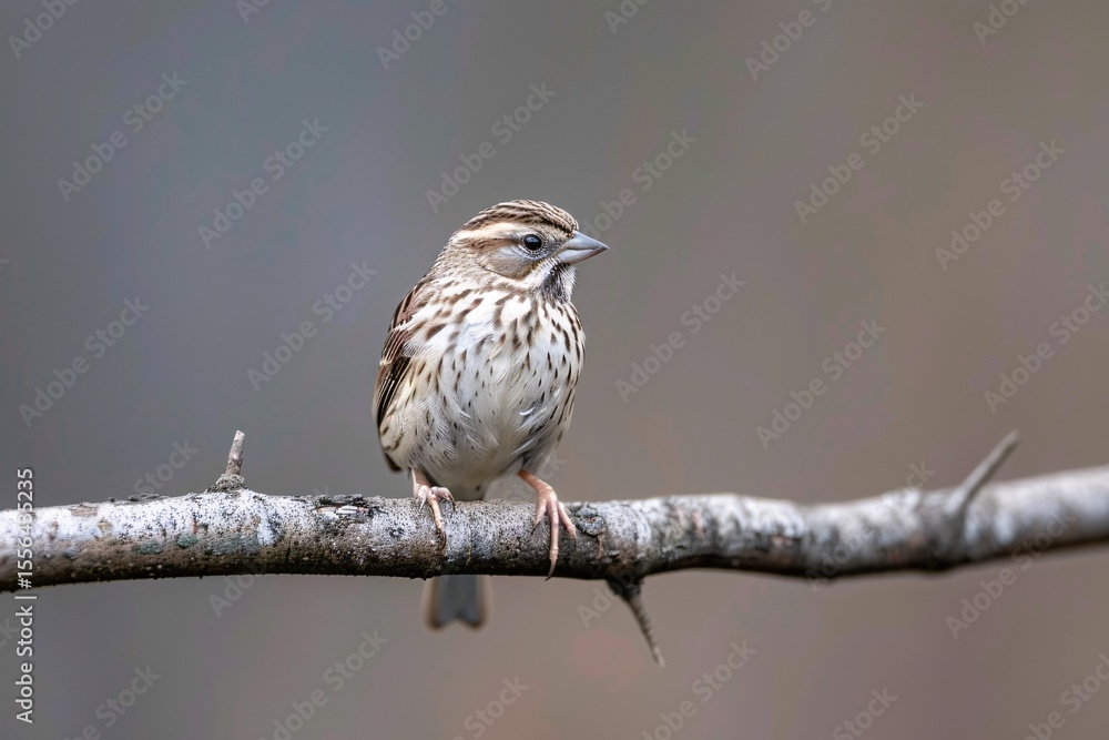 Fototapeta premium A sparrow perched gracefully on a branch, showcasing its detailed feather patterns against a soft background.