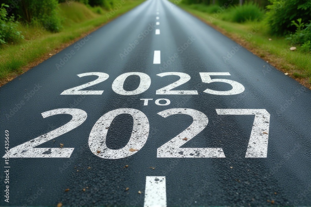 Obraz premium A road sign showing the distance from 2021 to 2025..New Year 2026.
