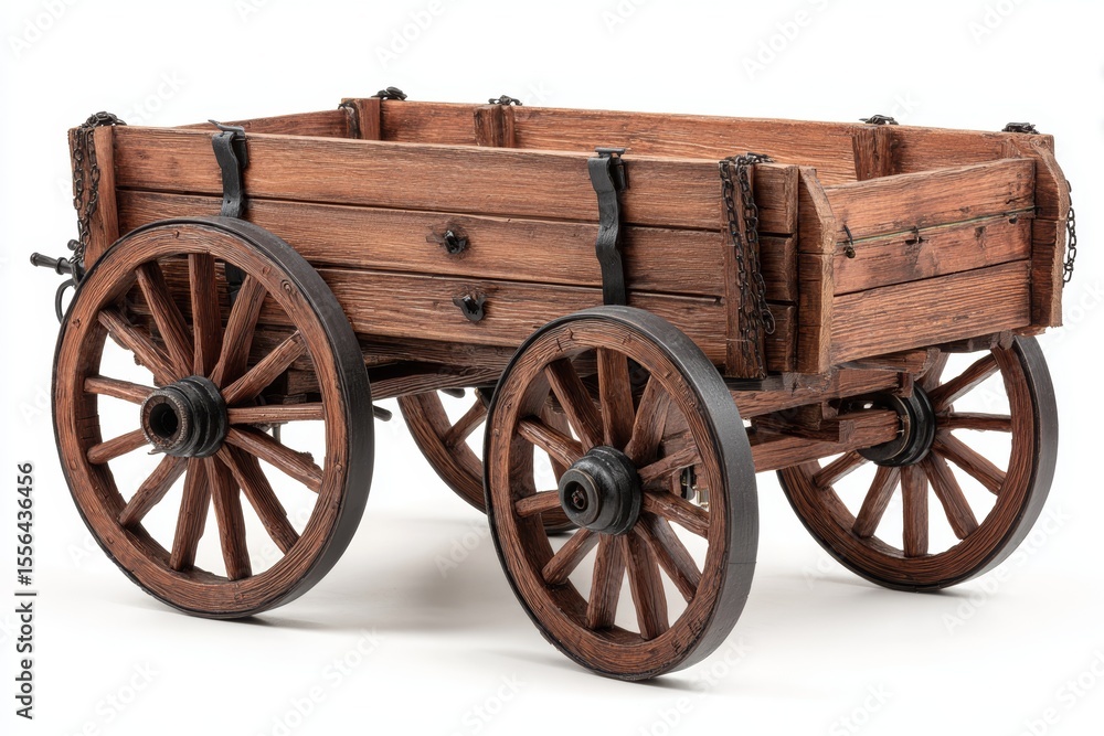 Fototapeta premium A vintage wooden cart with four wheels. The cart is made of dark wood and has a rustic appearance, suitable for agricultural or decorative use.