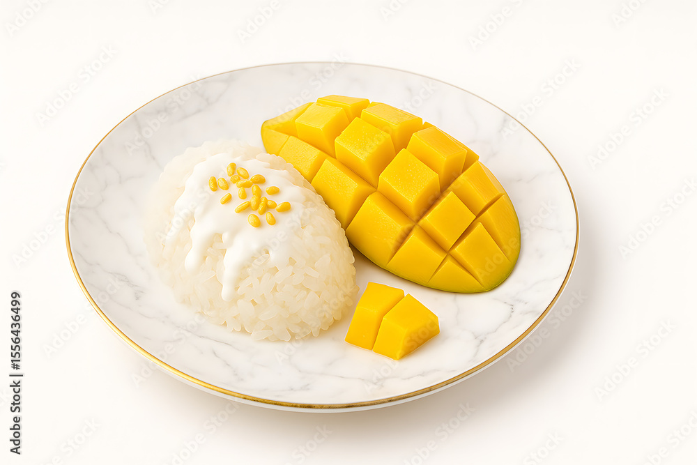 Mango sticky rice with coconut cream drizzle on a luxurious white marble-pattern plate Mango sticky rice with coconut cream drizzle on a luxurious white marble-pattern plate