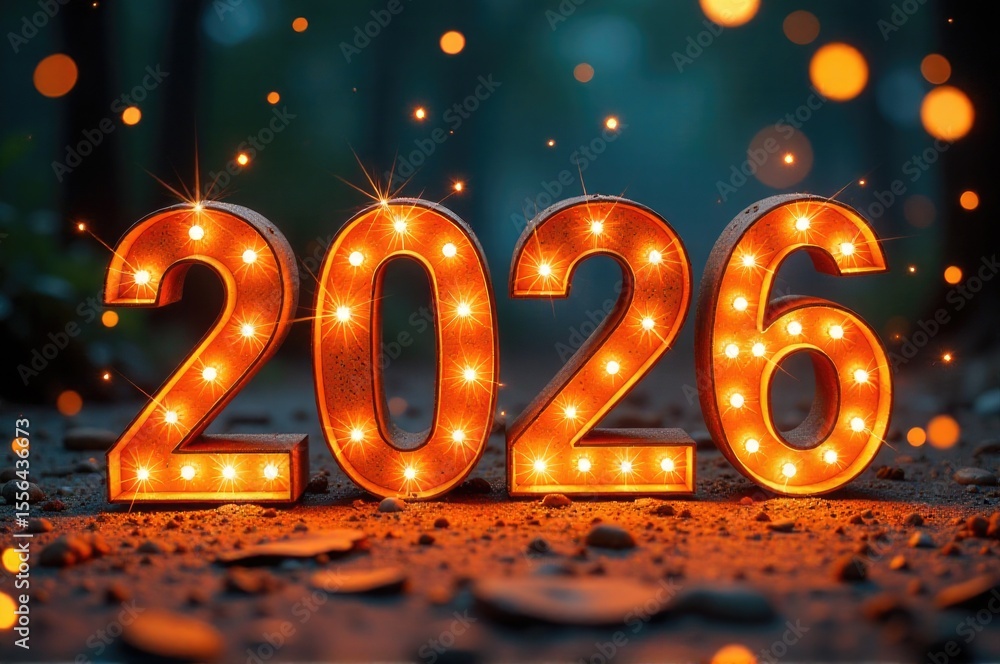A lit-up sign featuring the year 2020 on the ground, suitable for use in time-based or retro-themed contexts..New Year 2026. A lit-up sign featuring the year 2020 on the ground, suitable for use in time-based or retro-themed contexts..New Year 2026.