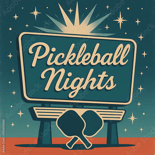 Retro Pickleball Nights Poster with Vintage Sign, Stars, and Paddles Under Night Sky Illustration
