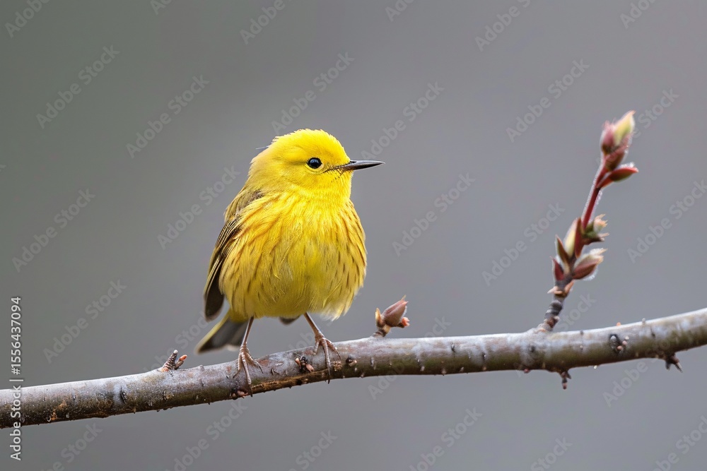 Obraz premium A vibrant yellow songbird perched gracefully on a twig, surrounded by a muted background.