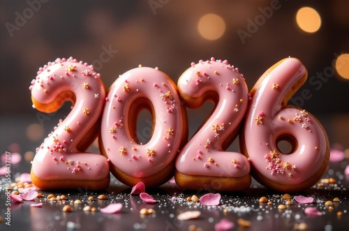 A collection of colorful doughnuts with sprinkles arranged on a table, perfect for baking or dessert displays..New Year 2026.