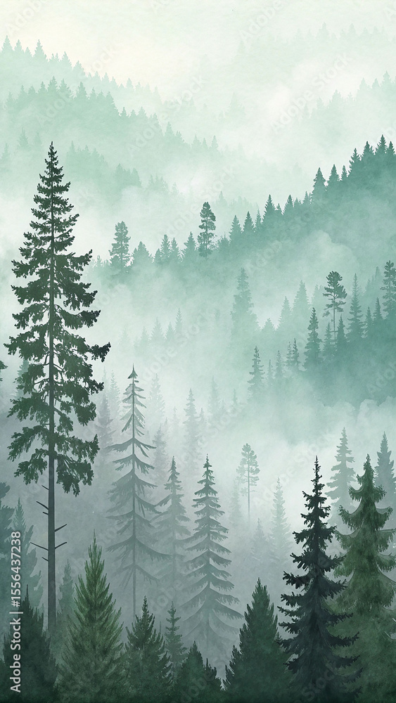 Fototapeta premium Misty evergreen forest watercolor trees