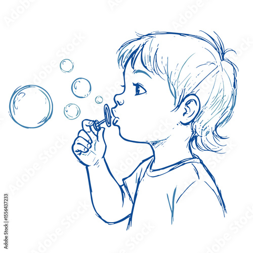 Toddler blowing bubbles while standing and smiling in playful mood  