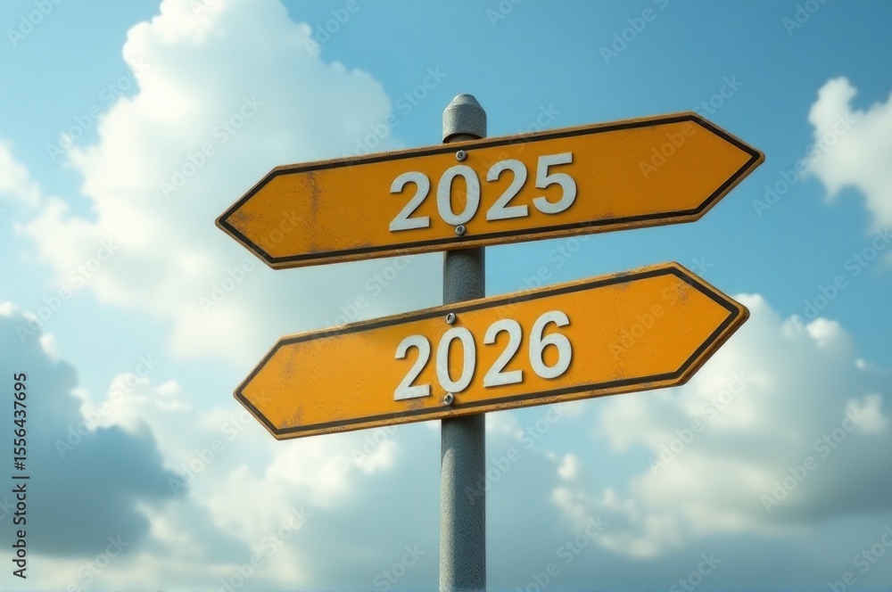 Fototapeta premium Two street signs with arrows pointing in opposite directions on a city street..New Year 2026.