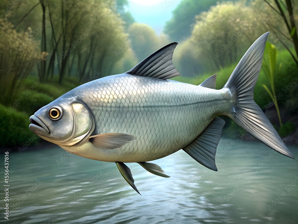 Fototapeta premium Stunning 3D Render of a Silver Fish in a Tranquil River Setting