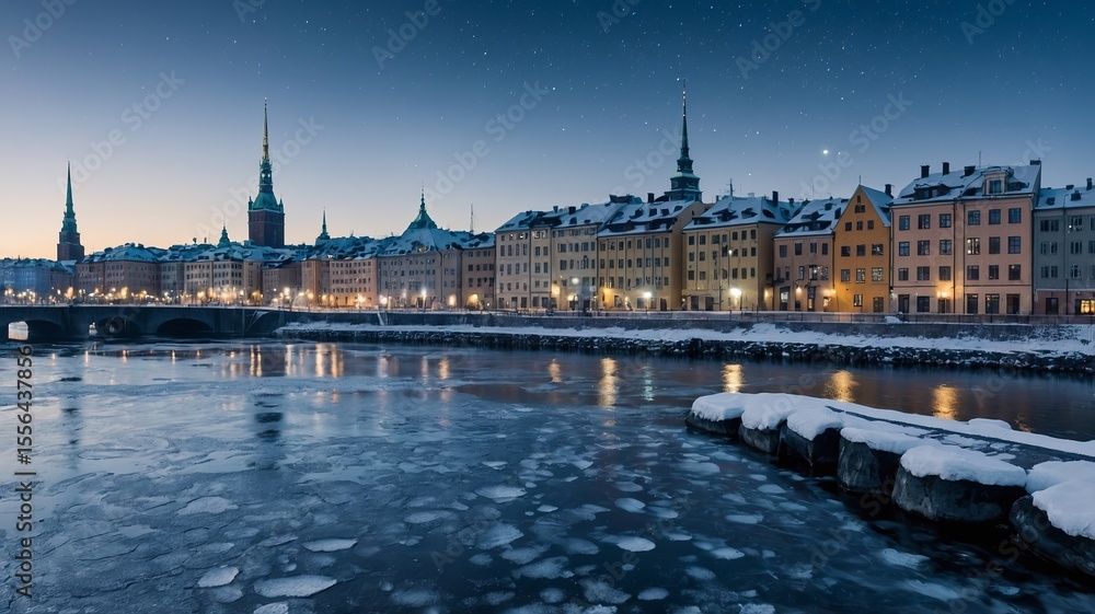Naklejka premium Beautiful Winter Landscape of Stockholm at Twilight With Icy Water, Illuminated Buildings, and a Clear Sky Full of Stars