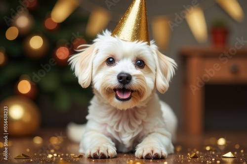 A small white dog is dressed up in a party hat, perfect for birthday celebrations or other fun occasions..New Year 2026.