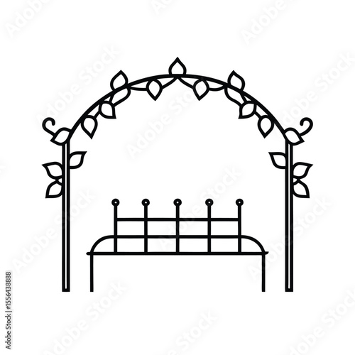Garden bench under trellis with ivy vines in line artwork Vector illustration