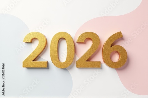 A golden sign with the date '202' written in bold letters on a pink and white background, suitable for designs related to new beginnings, celebrations, or marking milestones..New Year 2026.