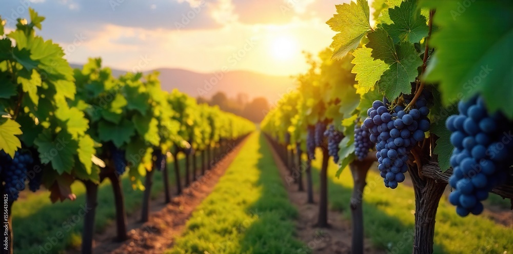 Naklejka premium Sun-Drenched Vineyard at Harvest Rows of Ripe Grapes Stretching to the Horizon