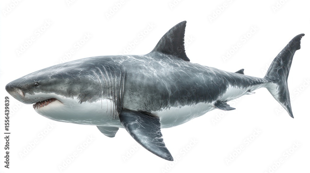 Fototapeta premium High-detail side profile of a great white shark, lifelike proportions and anatomy, realistic rough gray skin with white underside, visible gill slits, dark eyes, mouth slightly open showing teeth