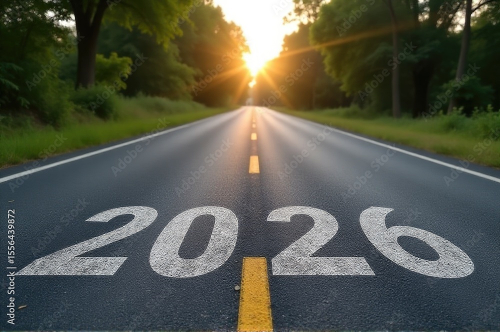Obraz premium Road stretching into the sunset, a warm and peaceful atmosphere..New Year 2026.