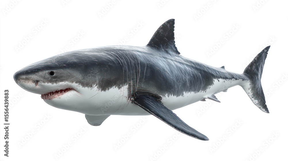 Fototapeta premium High-detail side profile of a great white shark, lifelike proportions and anatomy, realistic rough gray skin with white underside, visible gill slits, dark eyes, mouth slightly open showing teeth