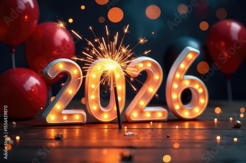 A close-up shot of a sparkler with the numeral 2020 written in bold letters..New Year 2026.