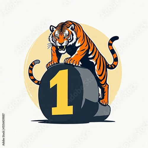 Design a tiger logo, climb a kilometer marker, with the number 1 in the kilometer marker