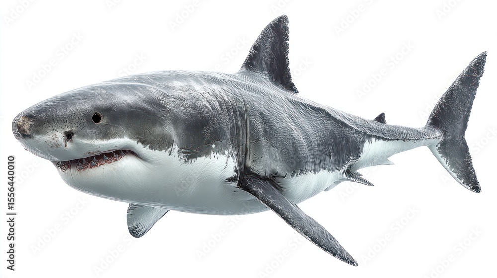 Naklejka premium High detail side profile of great white shark isolated on white background
