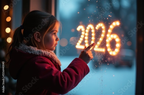 A little girl gazes out a window, watching fireworks light up the night sky on New Year's Eve..New Year 2026.