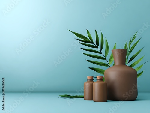 Minimalist spa scene with brown bottles