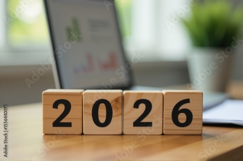 A laptop computer sitting on a wooden block..New Year 2026.