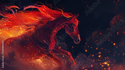 Majestic fire horse head with flowing flame mane and sparks on dark background. Chinese zodiac symbol of 2026 Fire Horse Year