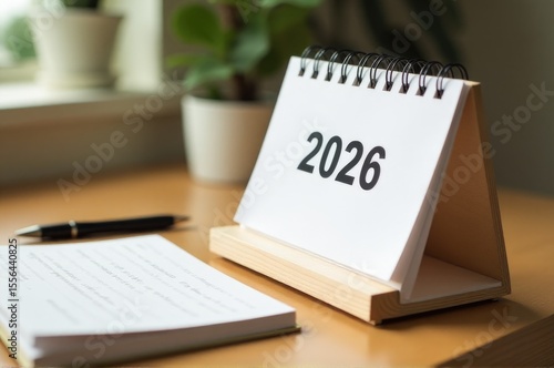 A desk with a calendar and pen, perfect for planning and organizing..New Year 2026.