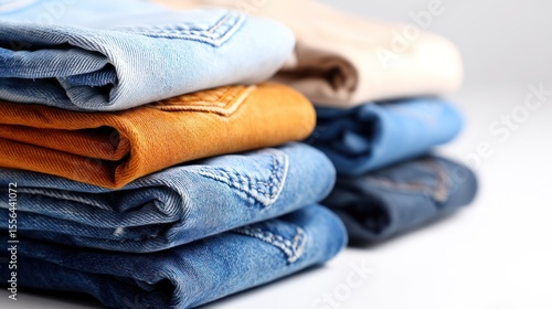 High-waisted womenâ€™s jeans folded with label visible, clean fashion product display