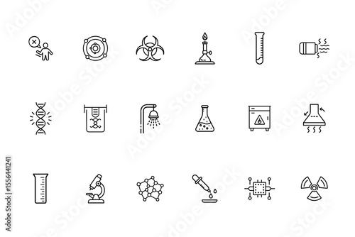 Line icons of laboratory equipment symbols including D N A, microscope, warning signs on background