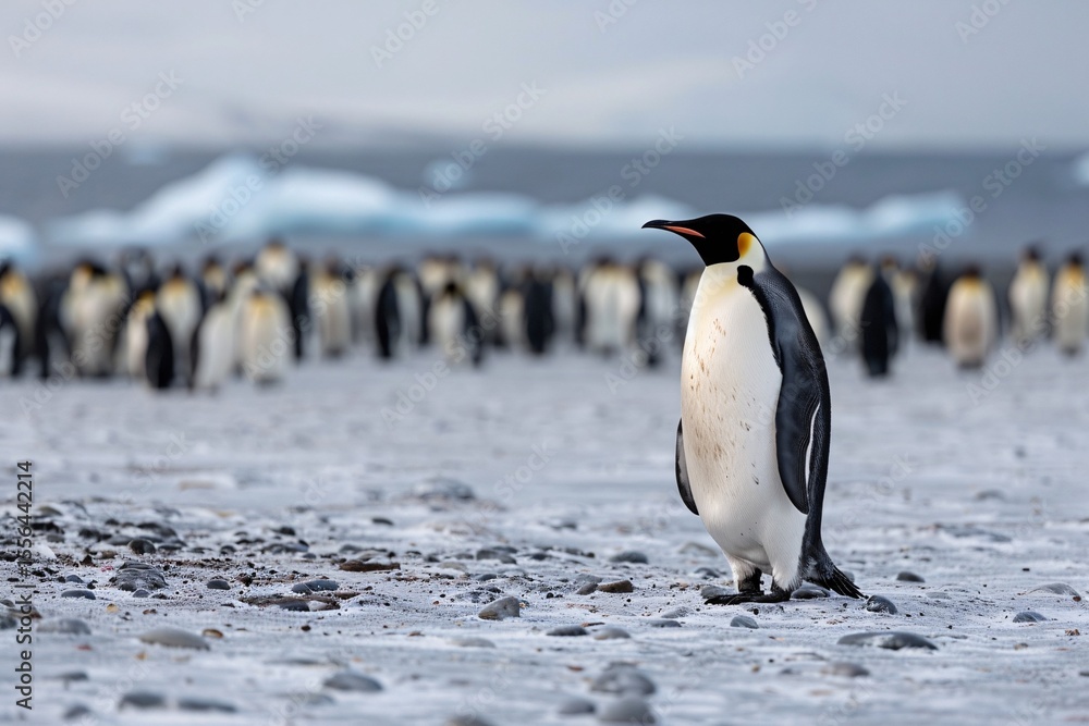 Fototapeta premium An emperor penguin stands proudly in the icy landscape, surrounded by a flock in the background.
