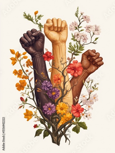 Colorful hands holding a branch of blooming flowers