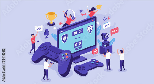 E-sports, Online Gaming, and Competitive Gaming Culture. Isometric illustration of e-sports and online gaming with a monitor, controllers, and celebrating players.