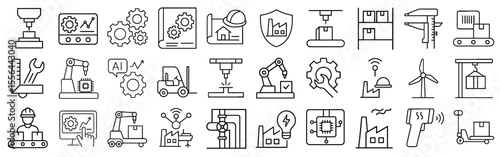 Industrial Automation Stroke Icon Collection. Containing Robotics, Production Line, Machinery, Factory Equipment, and More. Editable Outline Vector Icons Set.