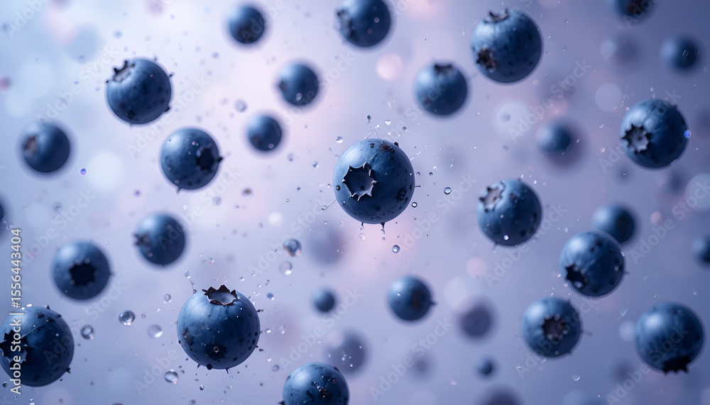 Delightful blueberries float with water droplets against a bokeh backdrop, offering a fresh and vibrant look perfect for food or beverage projects. Delightful blueberries float with water droplets against a bokeh backdrop, offering a fresh and vibrant look perfect for food or beverage projects.