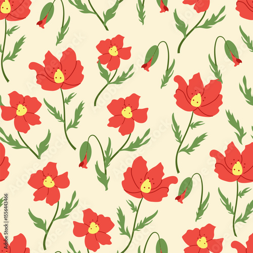 Wallpaper Mural Seamless vector pattern with blooming red poppies and buds on cream background. Delicate floral print for spring and summer wrapping paper, packaging, textiles, seasonal cards and vintage design Torontodigital.ca