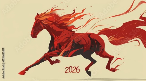 Majestic fire horse with flowing flame mane and sparks on light background. Chinese zodiac symbol of 2026 Fire Horse Year