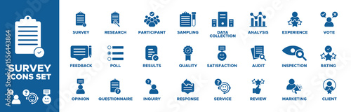Survey icon set. survey, feedback, opinion, questionnaire, poll, research, participant, results, inquiry, response, quality, sampling, data collection icon. Solid icon collection. Vector illustration.