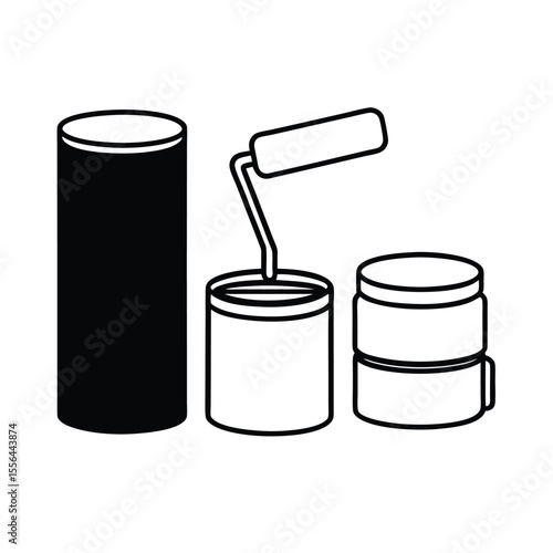 Paint cans stacked near roller brush in drawing Vector illustration