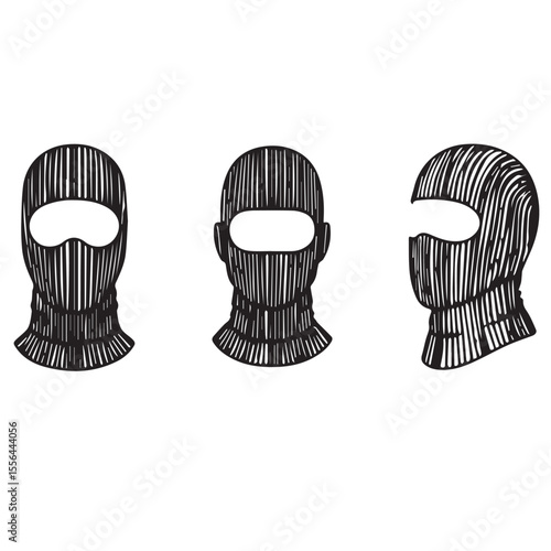 Three black and white graphic illustrations of a balaclava mask shown from the front and side views