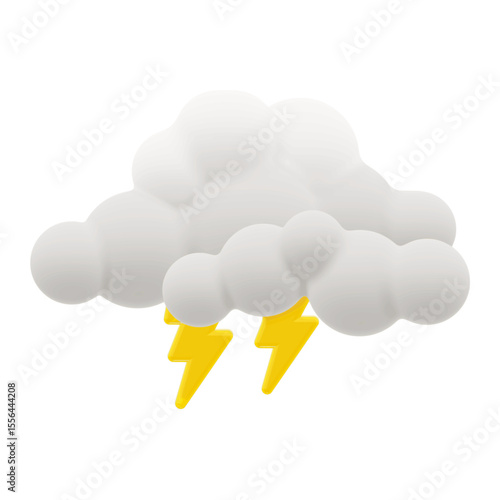 Vector 3D rendering cartoon style clouds with yellow lightning. Modern glossy plasticine style weather icon, isolated on a white background.